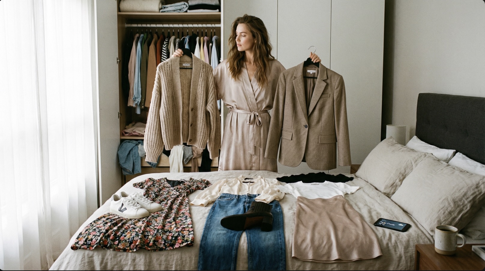 Morning outfit indecision scene with open wardrobe and multiple outfit attempts