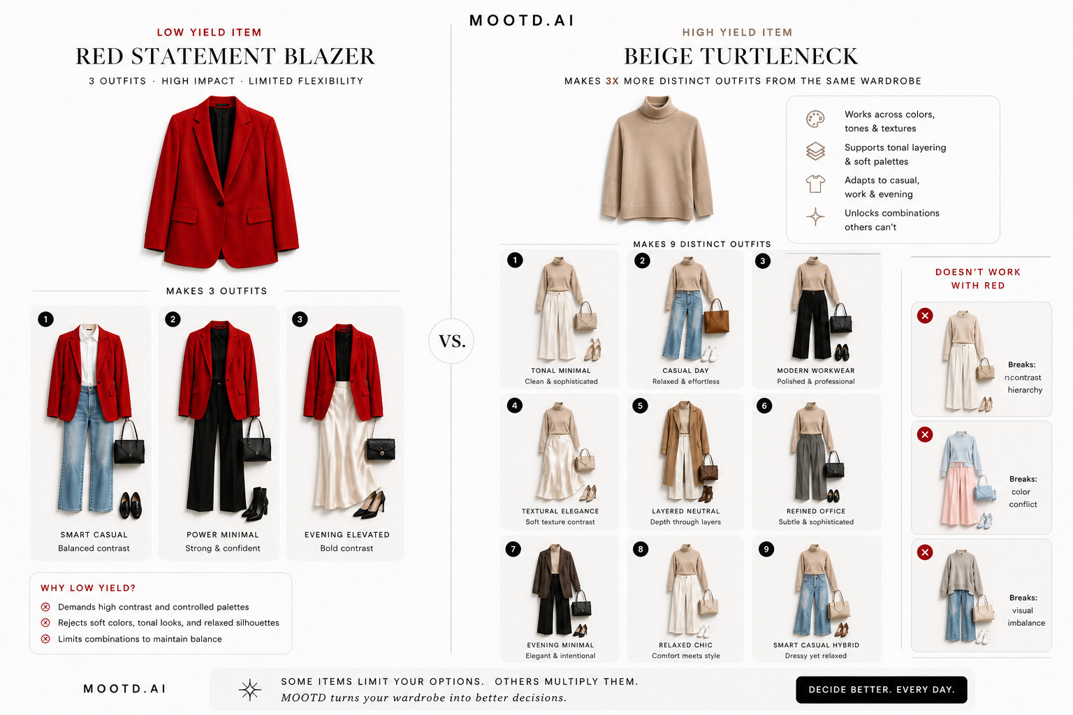 Side-by-side comparison: 3 outfits vs 9 outfits from a similar wardrobe — demonstrating outfit yield