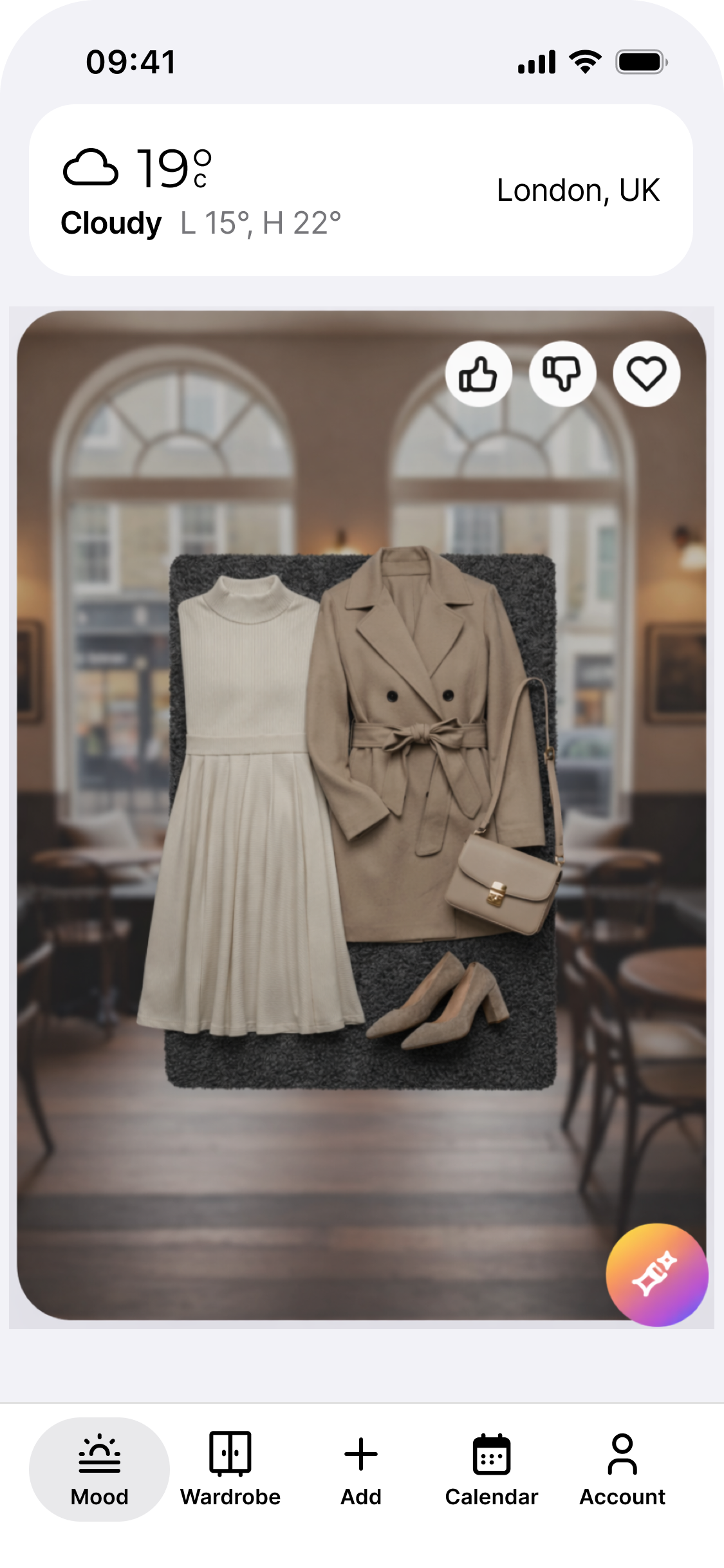 MOOTD app showing weather-aware female outfit recommendation moodboard